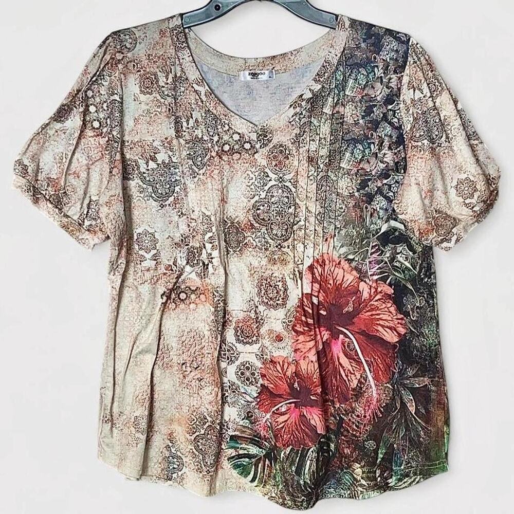 Zeagoo Beige Paisley Abstract Floral V-Neck Short Sleeve Shirt - Size XL